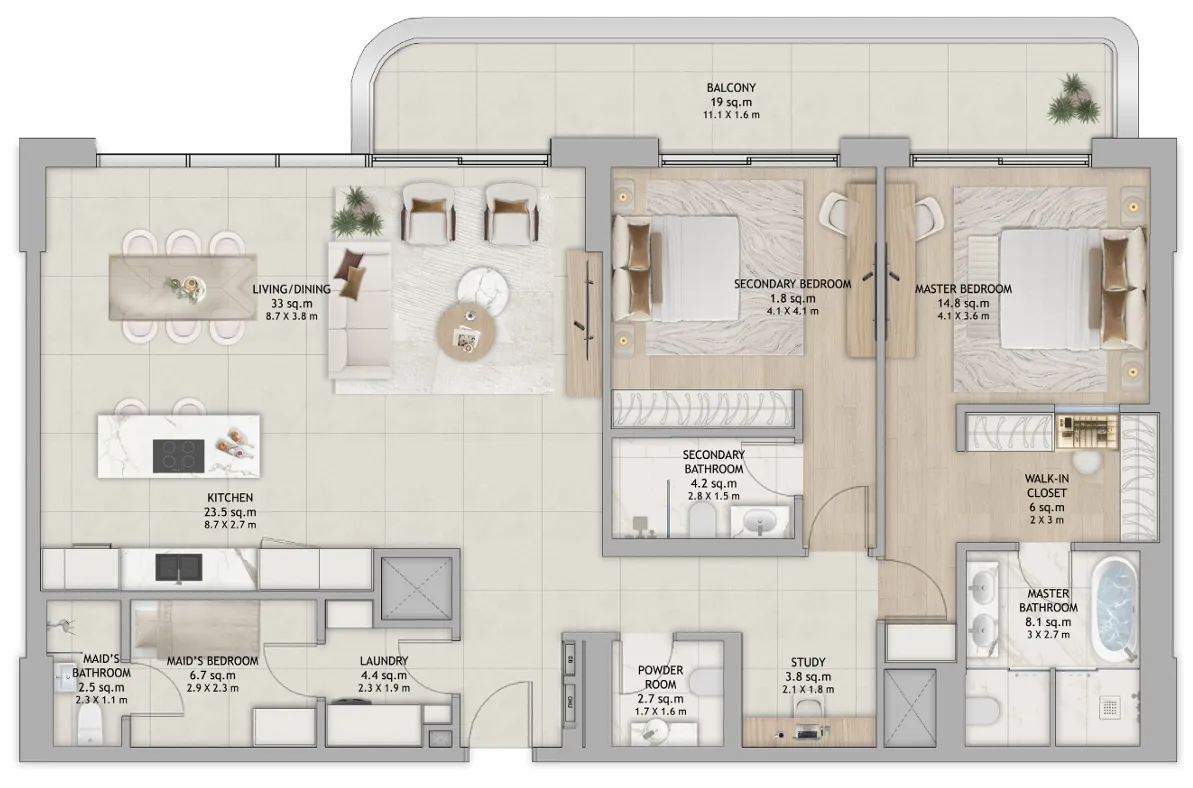 2 bedroom Apartments floor plan at Fahid Beach Residences