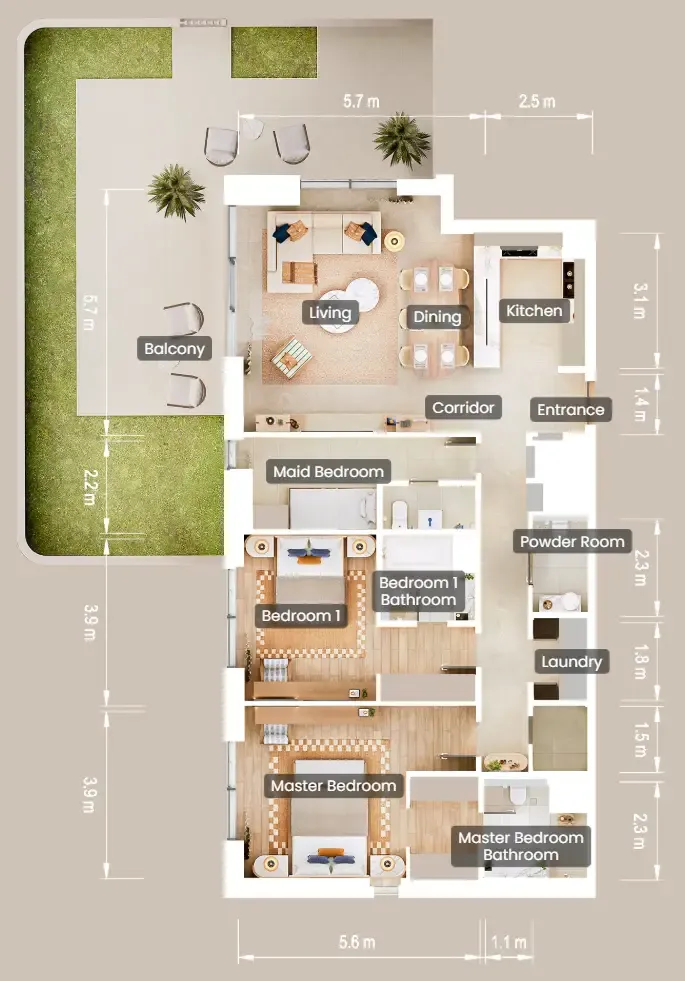 2.5 bedroom Apartments floor plan at The Beach House Fahid