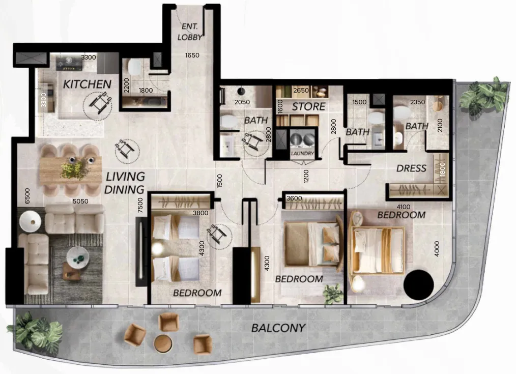 3 bedroom Apartments floor plan at Radiant Waves