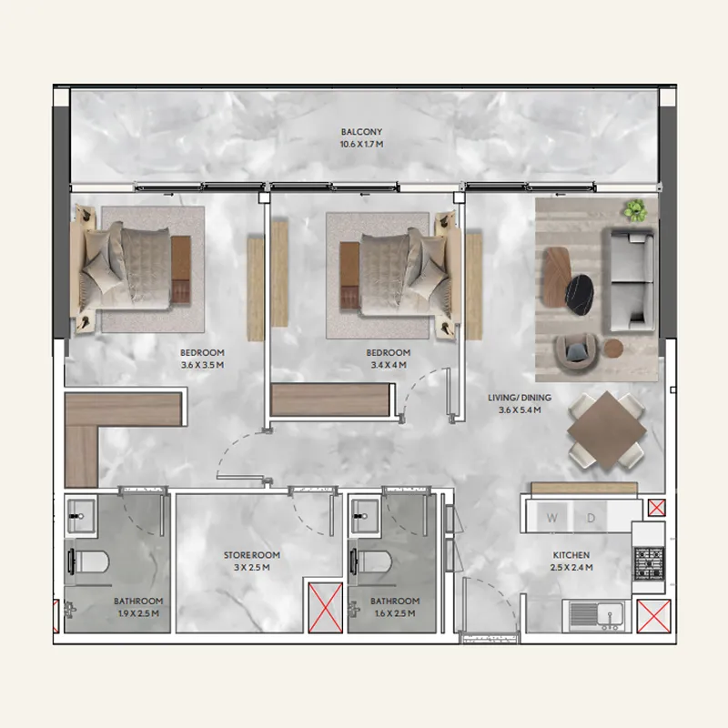 2 bedroom Apartments floor plan at California Residences