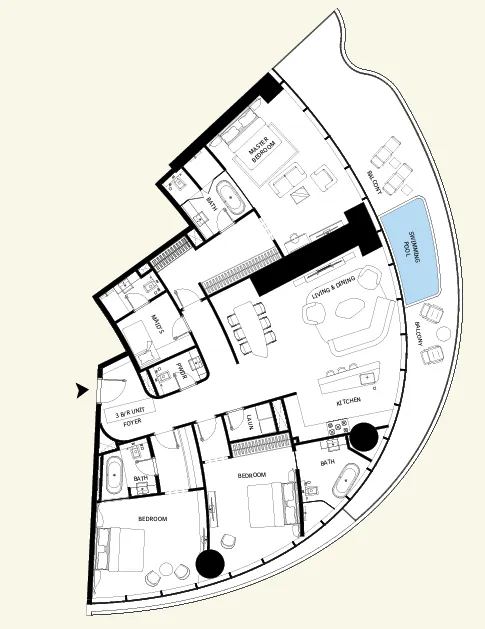 3 bedroom Apartments floor plan at Mercedes-Benz Places by Binghatti