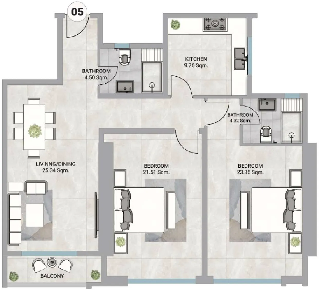 2 bedroom Apartments floor plan at Barajeel Towers