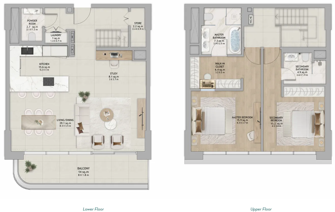 2 bedroom Duplex floor plan at Fahid Beach Residences