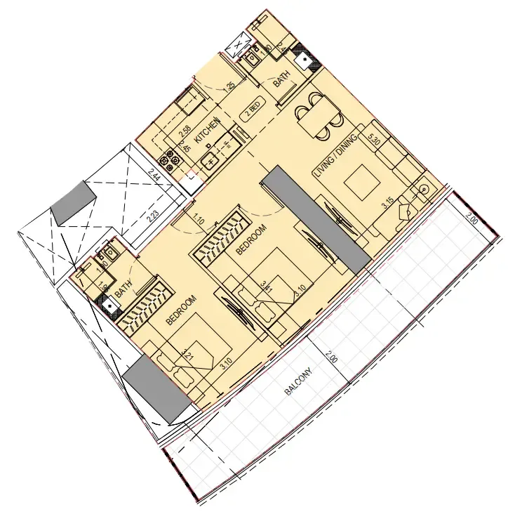 2 bedroom Apartments floor plan at Binghatti Sky Terraces