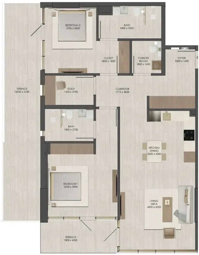 2 bedroom Apartments floor plan at JAD 288