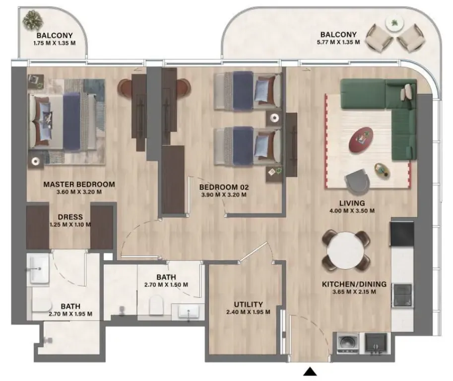 2 bedroom Apartments floor plan at Mövenpick Residences Dubai Motor City Phase 1