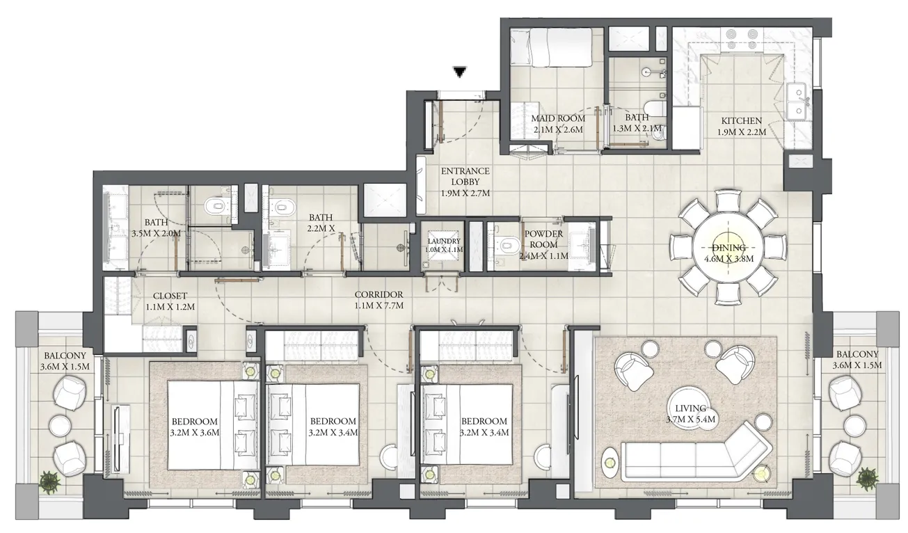 3 bedroom Apartments floor plan at Cedar