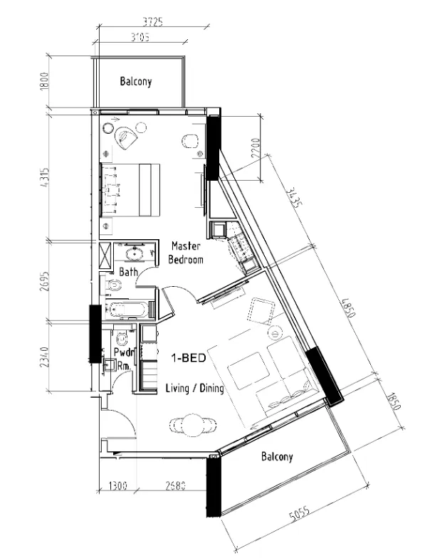 1 bedroom Apartments floor plan at Damac Hills - Radisson Dubai