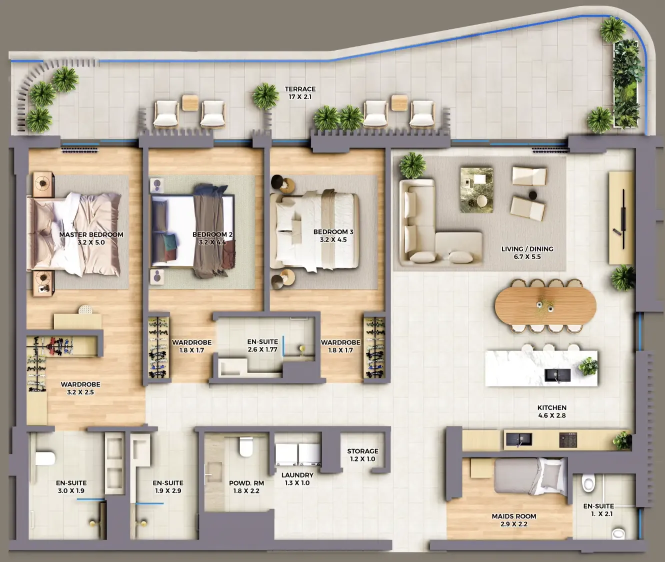 3 bedroom Apartments floor plan at The Cape
