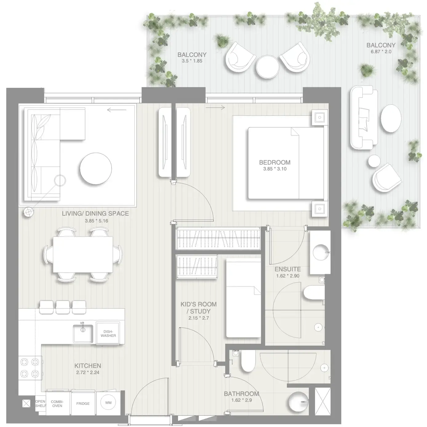 1.5 bedroom Apartments floor plan at Sol Levante