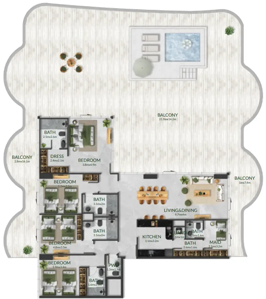 4 bedroom Apartments floor plan at Aqua Maya