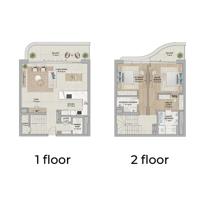 2 bedroom Duplex floor plan at Fahid Beach Terraces