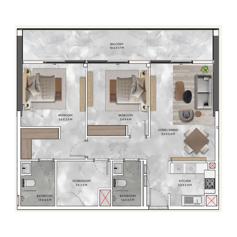 2 bedroom Apartments floor plan at California Residences