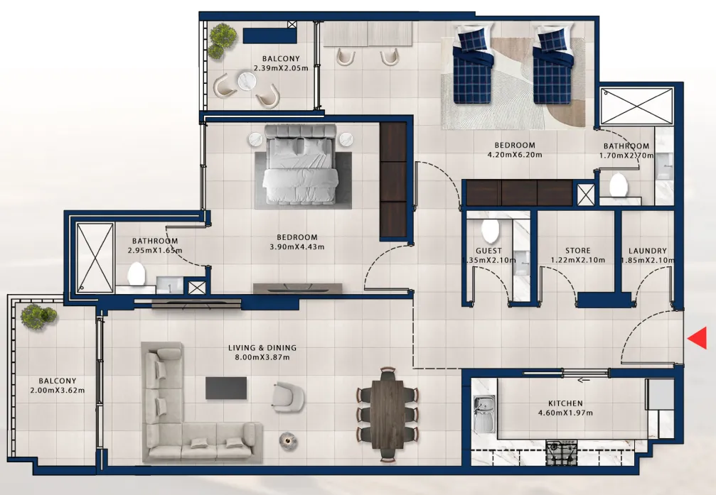2 bedroom Apartments floor plan at Asayel Avenue