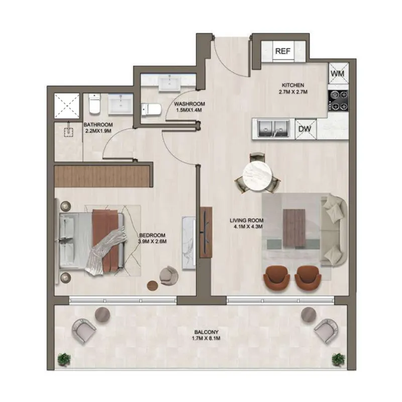 1 bedroom Apartments floor plan at Ghaff Land Residence