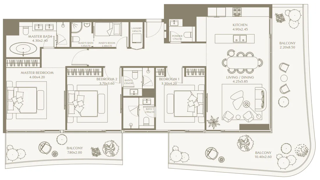 1 bedroom Apartments floor plan at AYA Beachfront Residences
