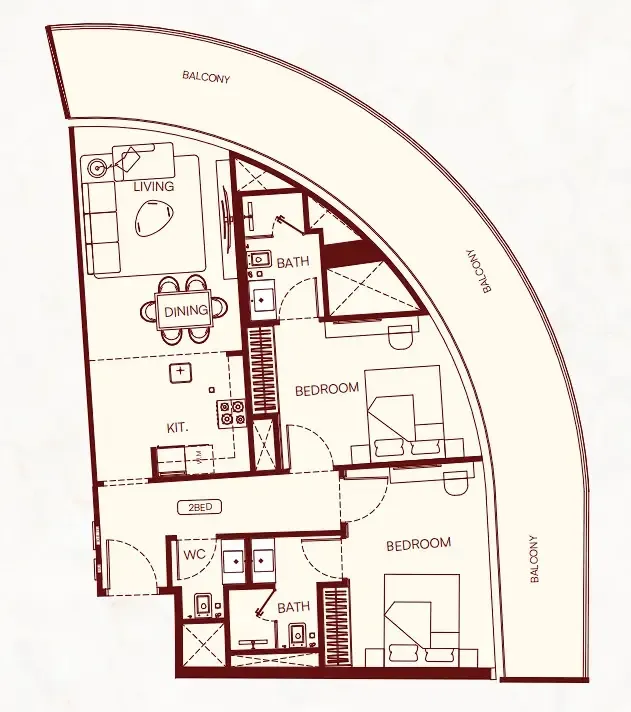 2 bedroom Apartments floor plan at Binghatti Skyflame