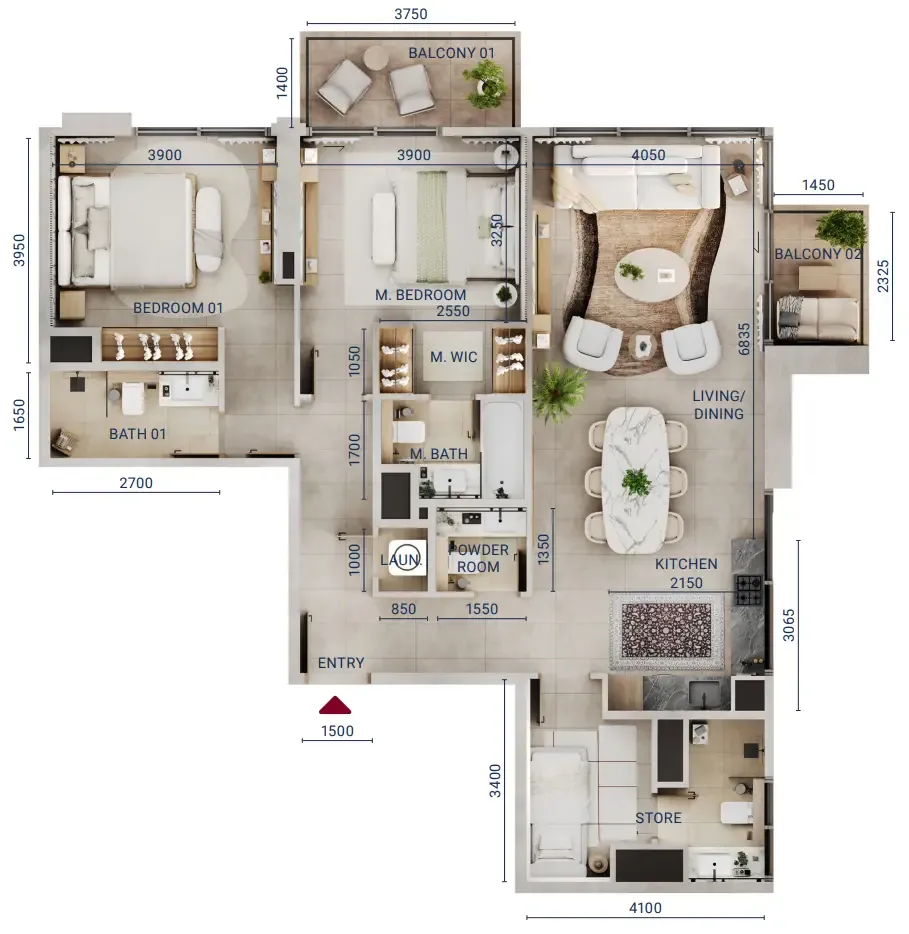 2 bedroom Apartments floor plan at Mirdad