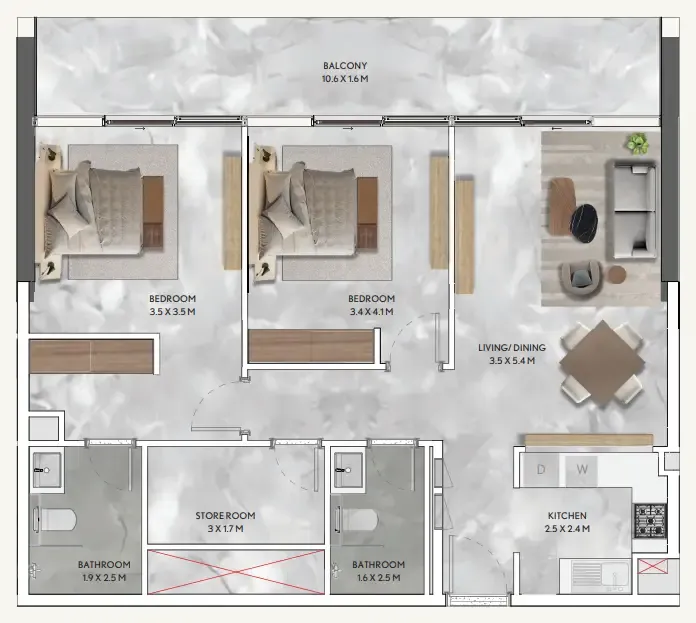2 bedroom Apartments floor plan at California Residences