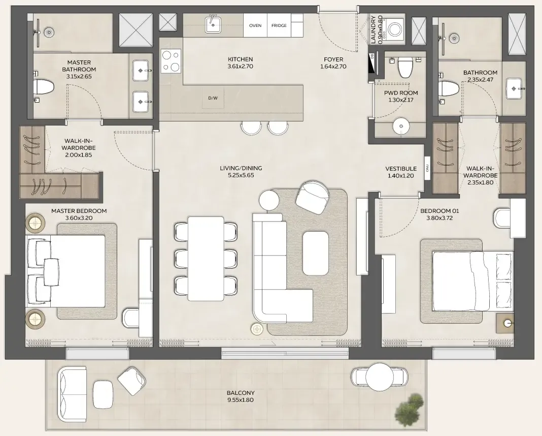2 bedroom Apartments floor plan at Expo Valley Views - Ghadeer