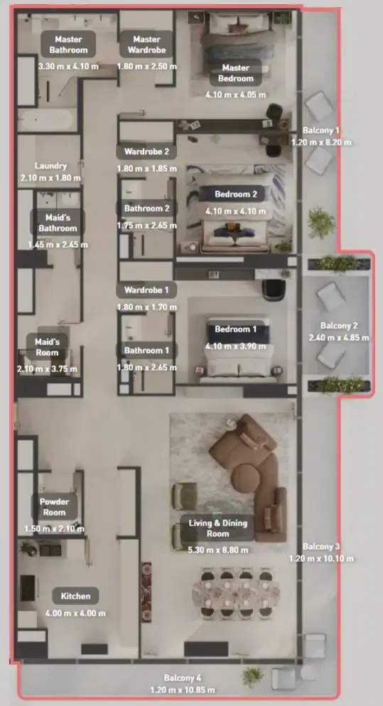 3.5 bedroom Apartments floor plan at Luluat Marina at Luluat Al Raha