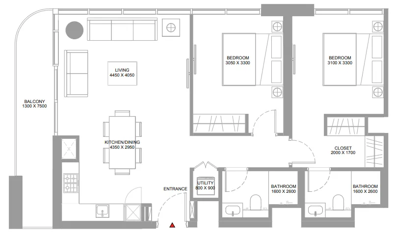 2 bedroom Apartments floor plan at Pristine Beach Residences