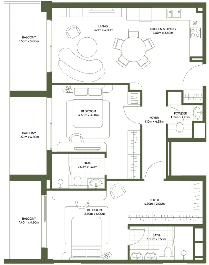 2 bedroom Apartments floor plan at Olivia Gardens