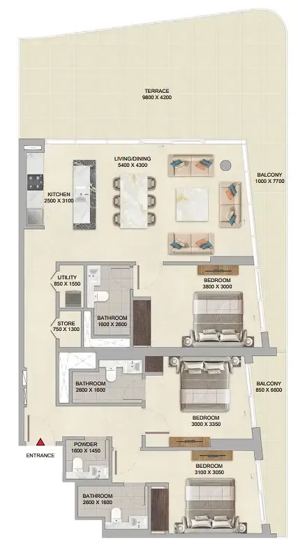 3 bedroom Apartments floor plan at River Cove Residences at Sobha City