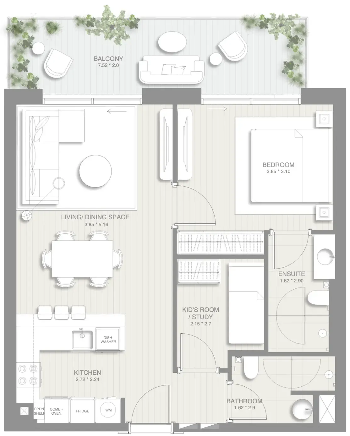 1.5 bedroom Apartments floor plan at Sol Levante