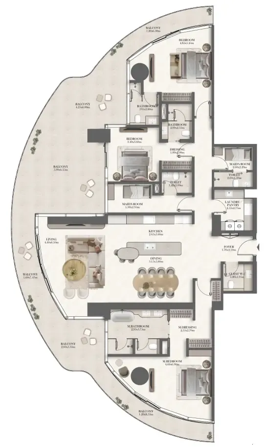 3 bedroom Apartments floor plan at Jumeirah Residences at Al Maryah Island