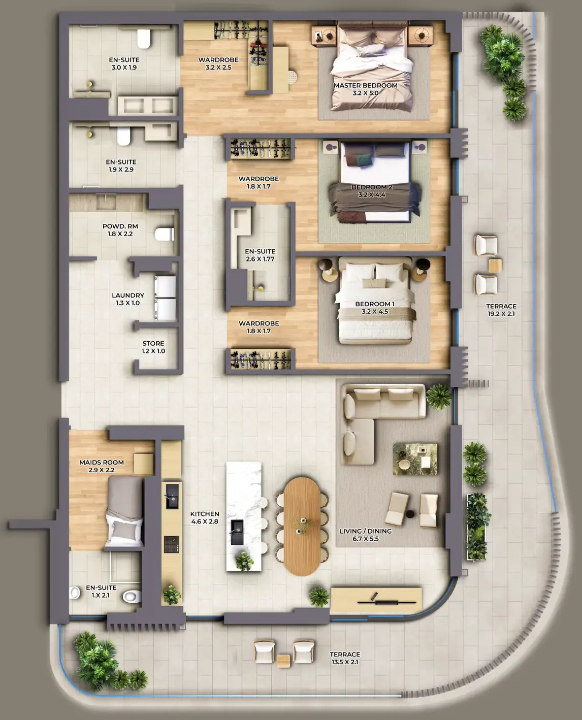 3 bedroom Apartments floor plan at The Cape