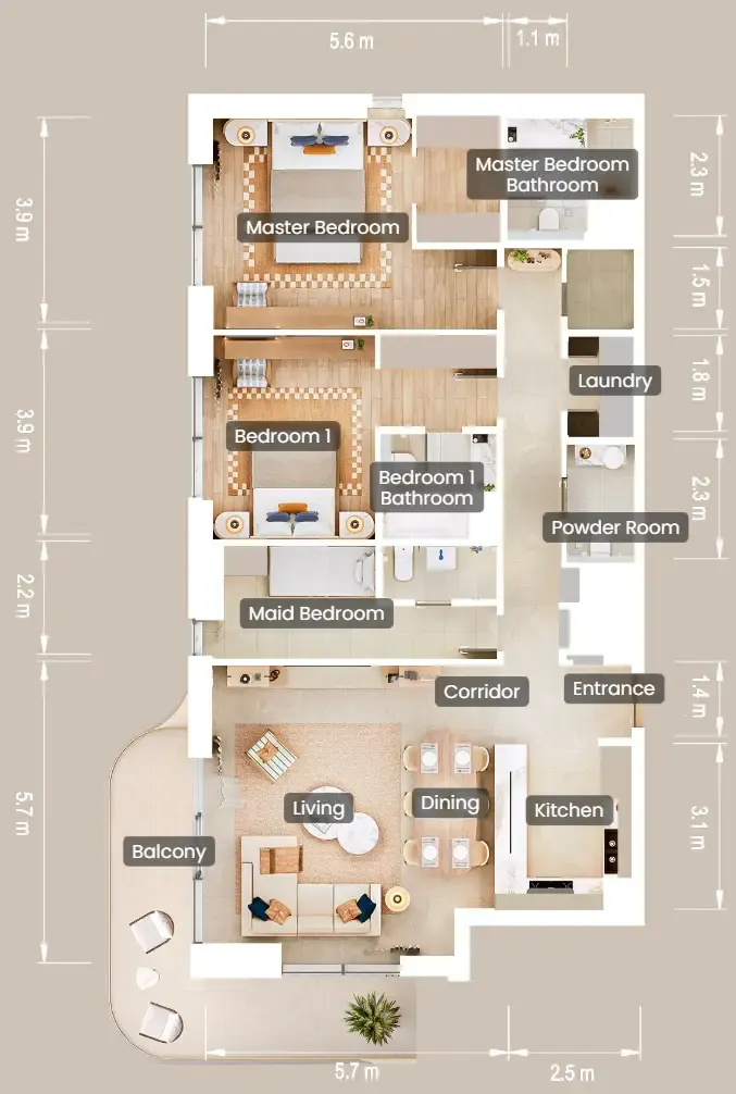 2.5 bedroom Apartments floor plan at The Beach House Fahid