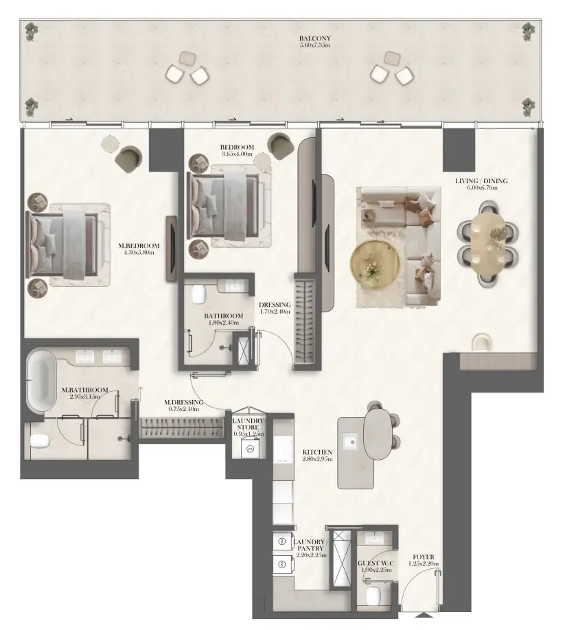 2 bedroom Apartments floor plan at Jumeirah Residences at Al Maryah Island