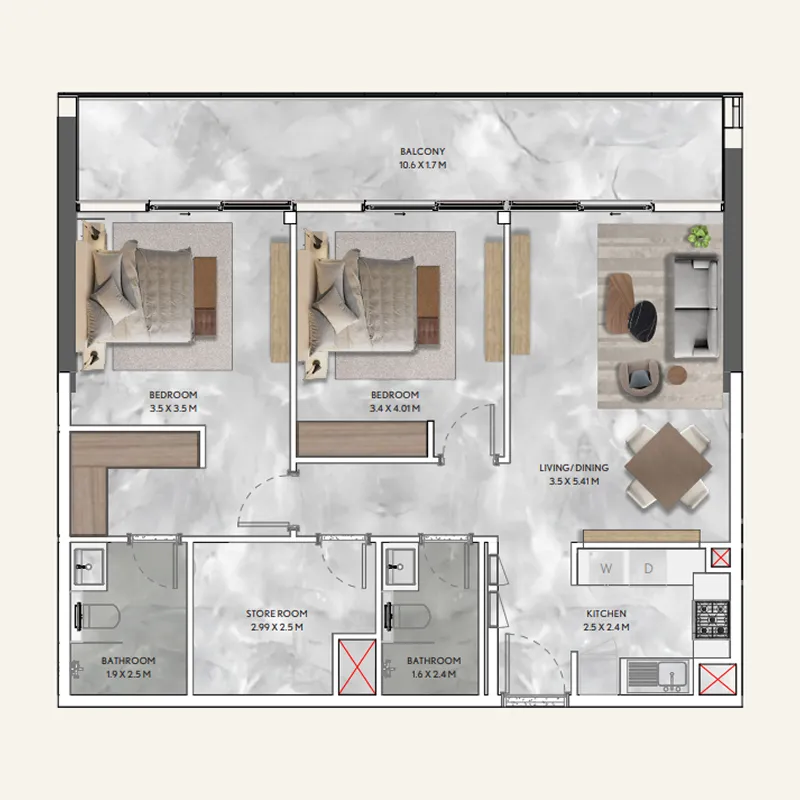 2 bedroom Apartments floor plan at California Residences