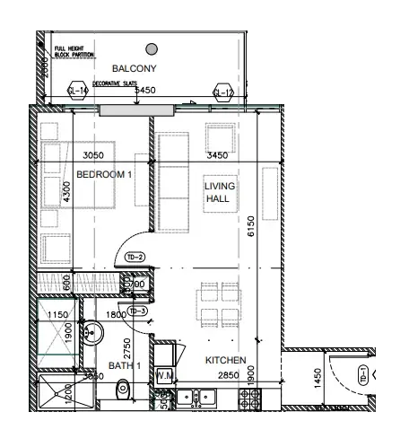 1 bedroom Apartments floor plan at Oak Yard