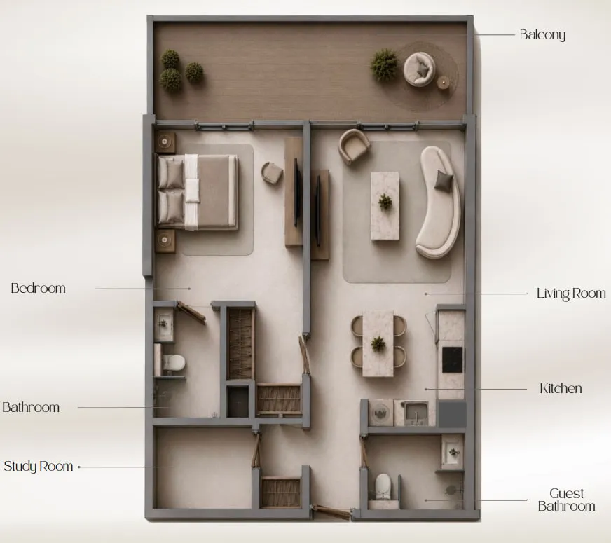 1.5 bedroom Apartments floor plan at Beverly Crown