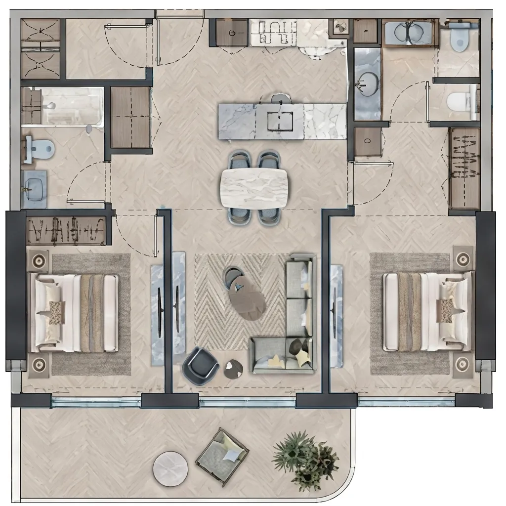 2 bedroom Apartments floor plan at The Bay Interiors by Missoni