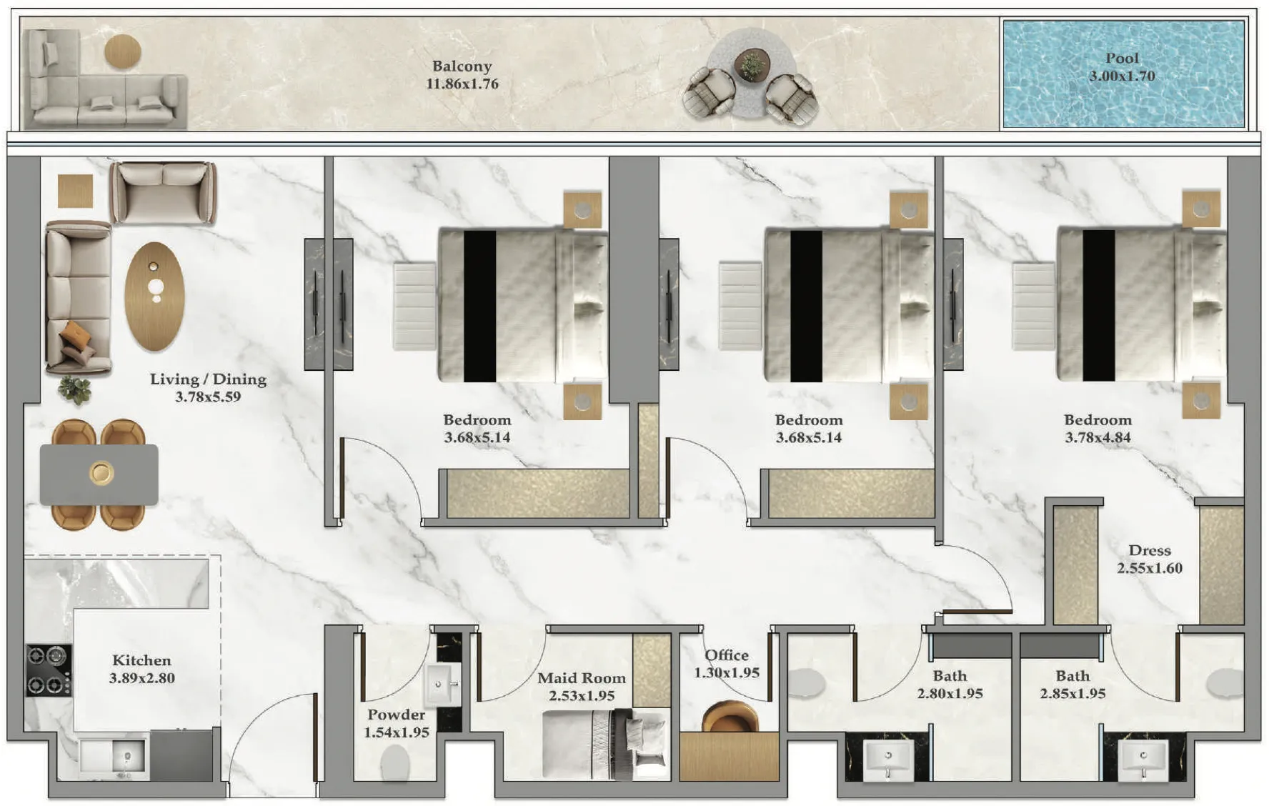 3 bedroom Apartments floor plan at Bayz 102