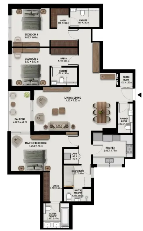 3.5 bedroom Apartments floor plan at Boulevard Park at Wasl Gate