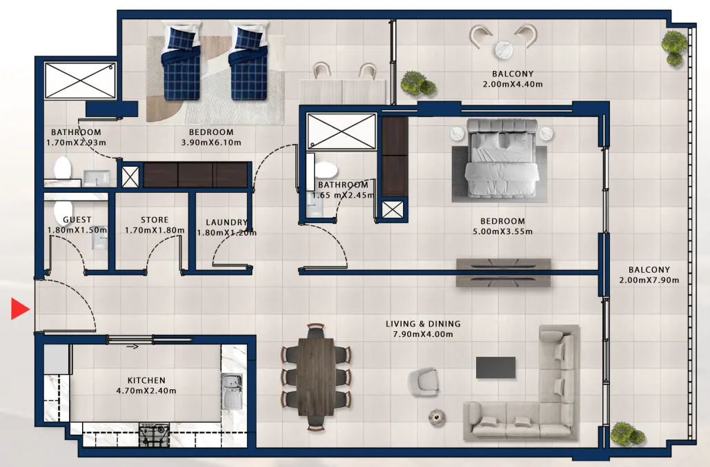 2 bedroom Apartments floor plan at Asayel Avenue