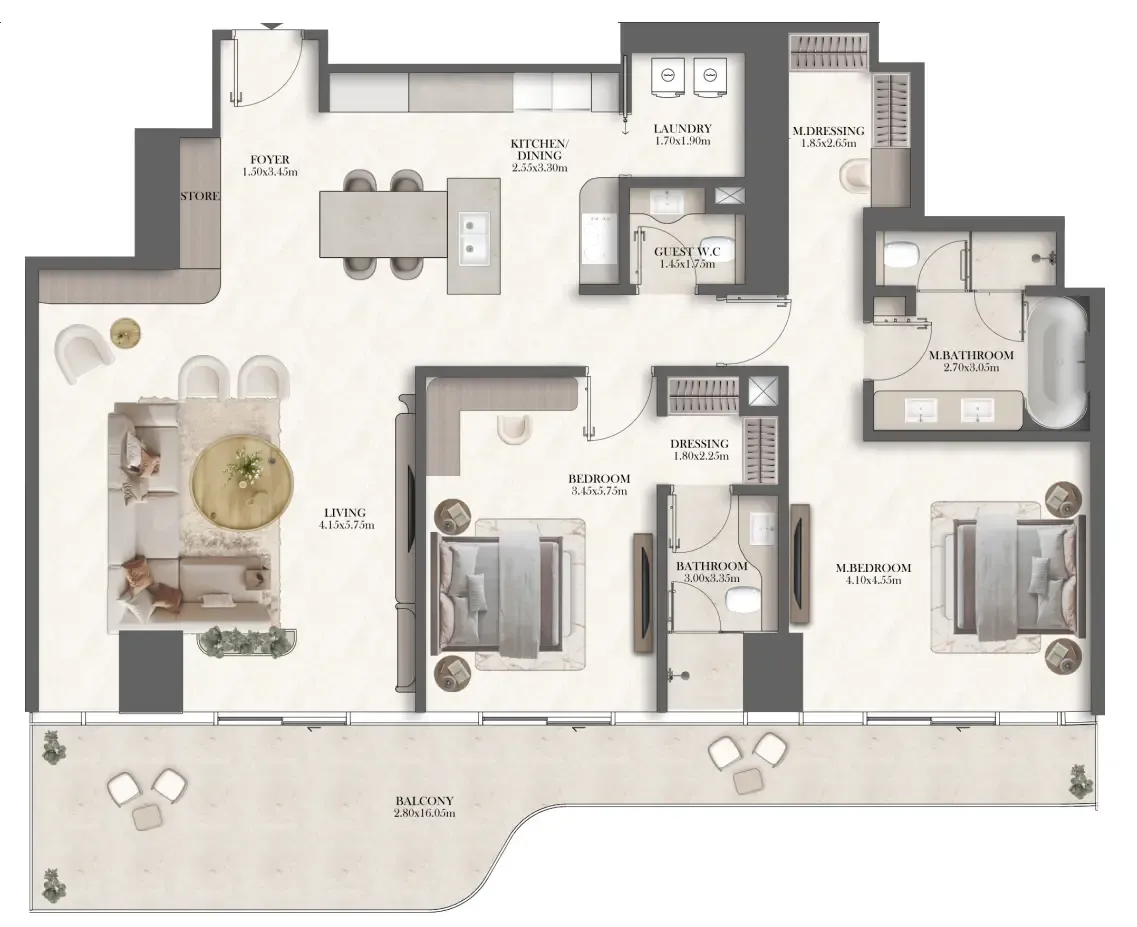 2 bedroom Apartments floor plan at Jumeirah Residences at Al Maryah Island