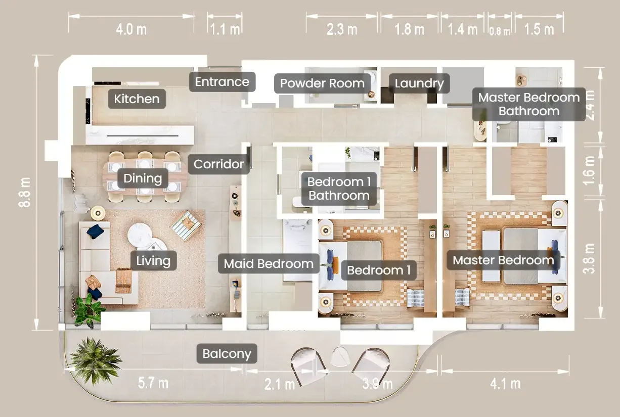 2.5 bedroom Apartments floor plan at The Beach House Fahid
