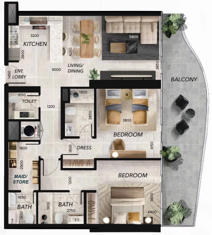2 bedroom Apartments floor plan at Radiant Waves