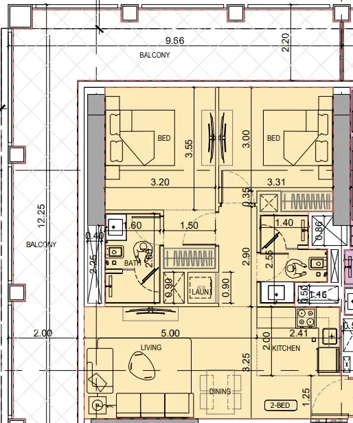 2 bedroom Apartments floor plan at Binghatti Titania