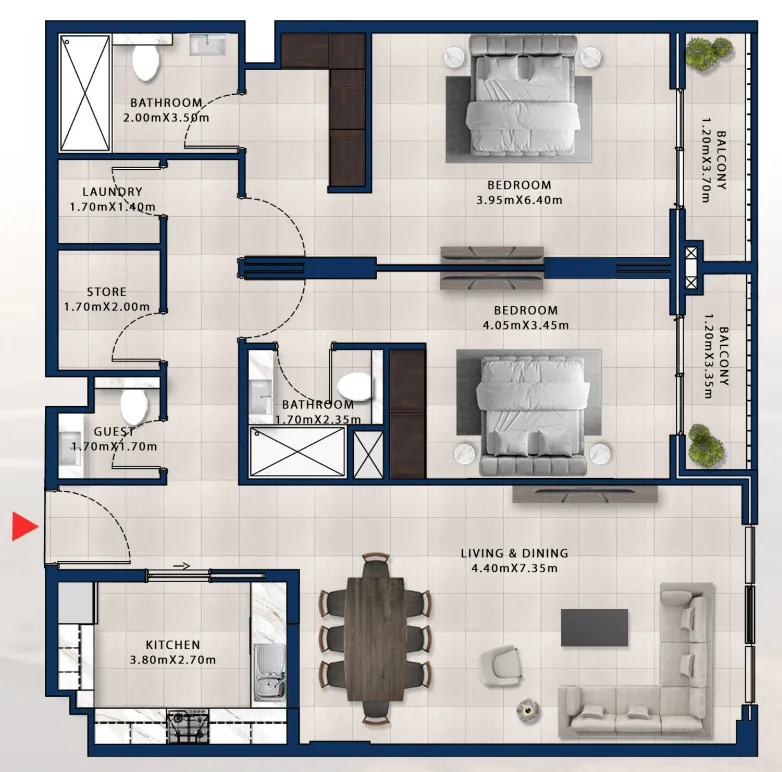 2 bedroom Apartments floor plan at Asayel Avenue