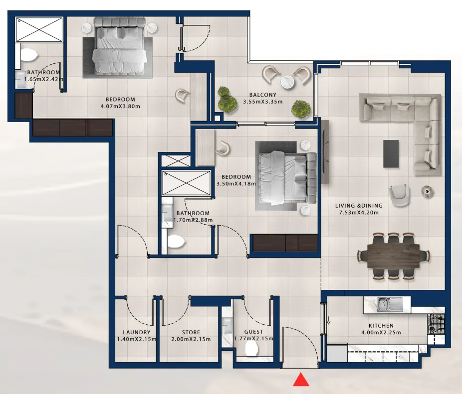 2 bedroom Apartments floor plan at Asayel Avenue