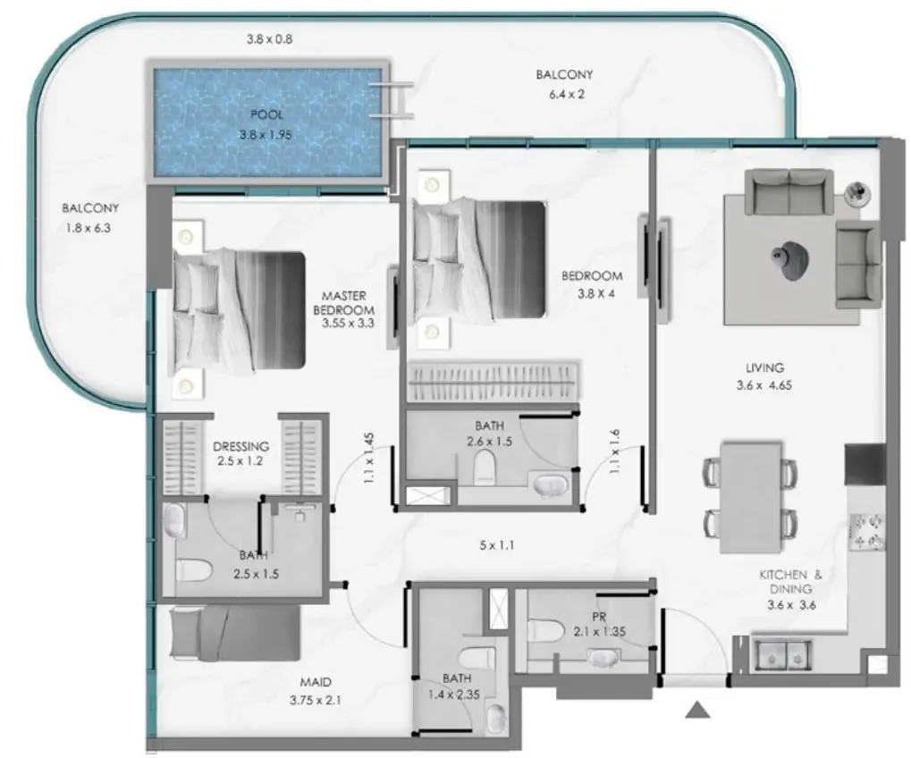 2 bedroom Apartments floor plan at Samana Ocean Bay