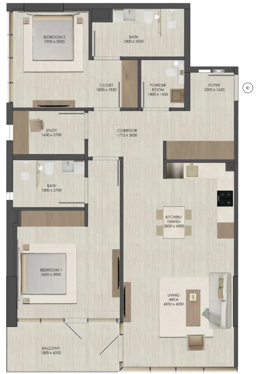 2 bedroom Apartments floor plan at JAD 288