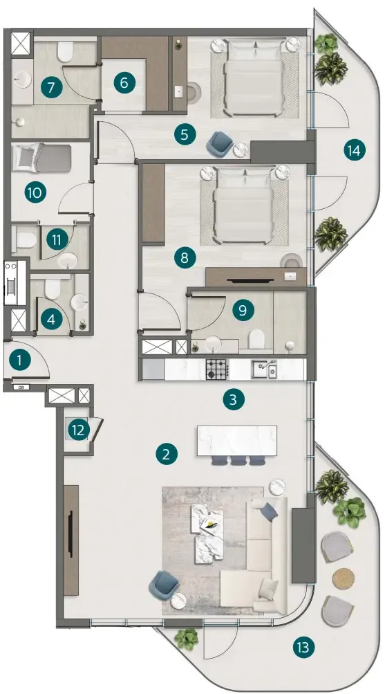 2.5 bedroom Apartments floor plan at Flora Shore Beachside Residences