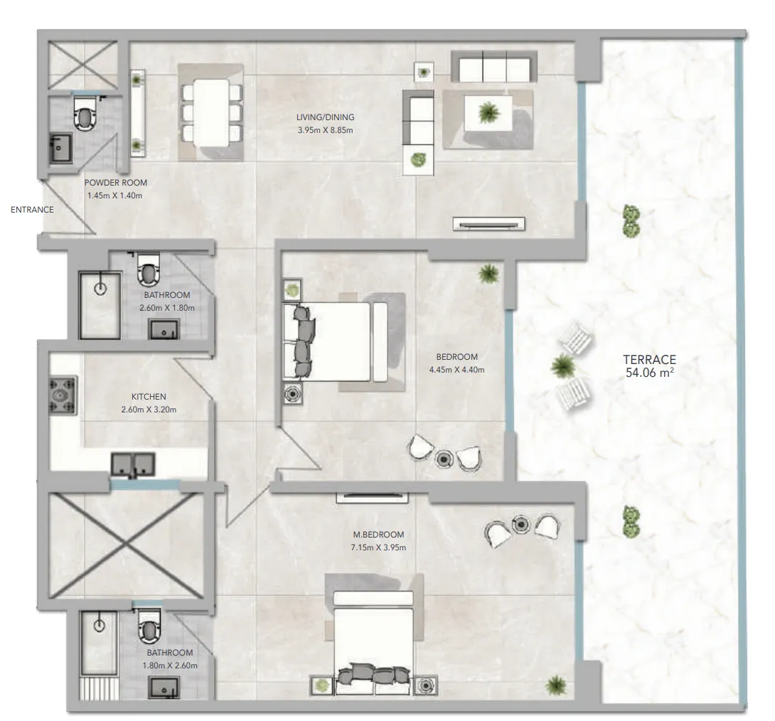 2 bedroom apartments floor plan at Al Aamra 3 Tower